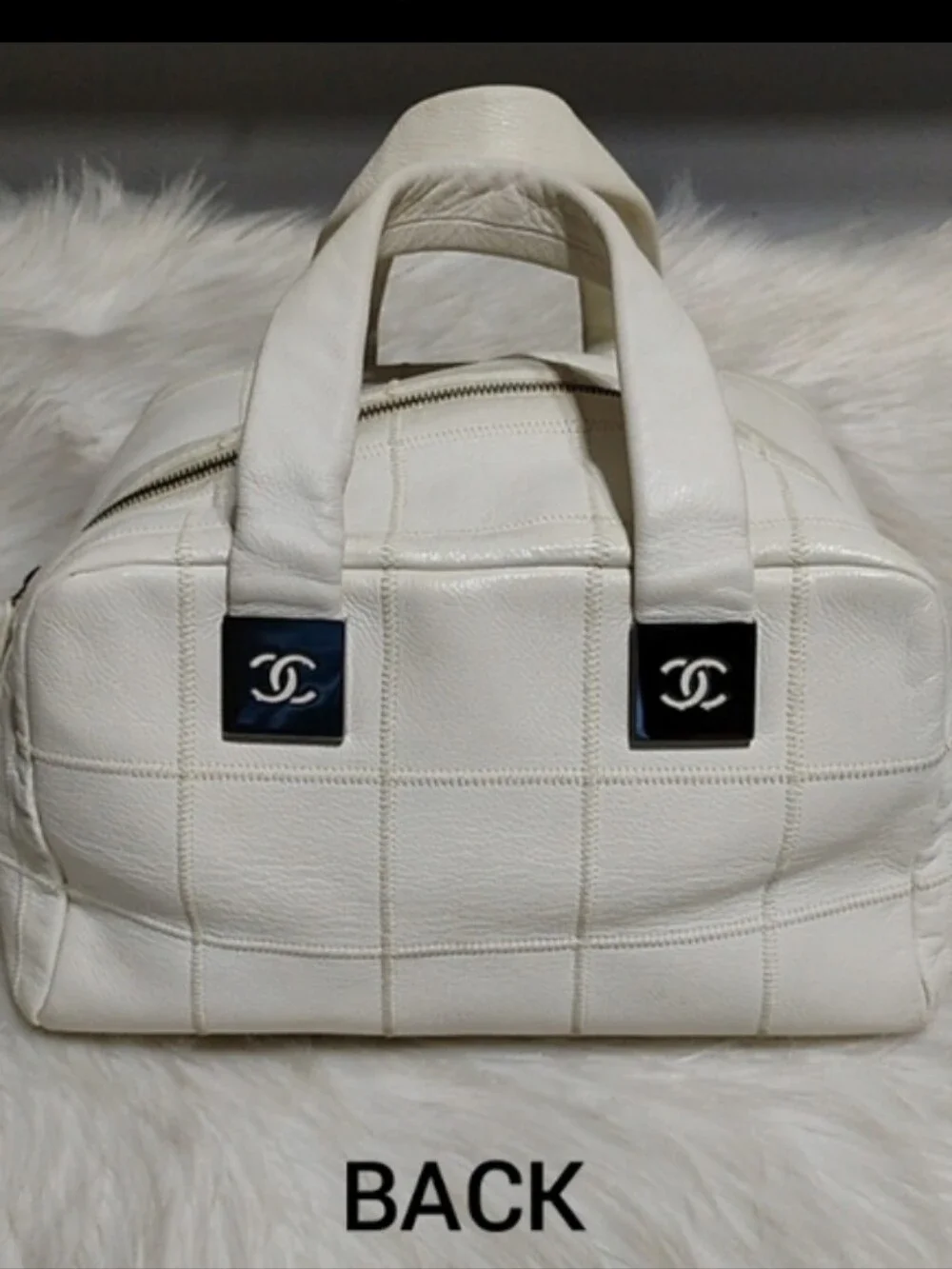 Chanel Choco Bar Coco Mark Lux Square Stitch White Boston Bowler Handbag